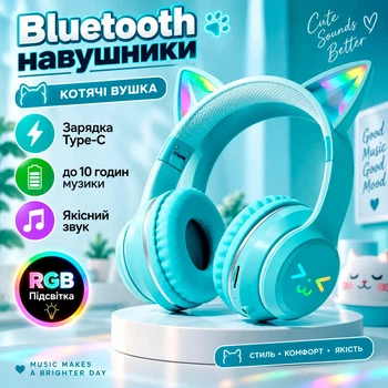 Наушники детские беспроводные Cat Ear BT618 кошачьи ушки с RGB подсветкой цвет бирюзовий