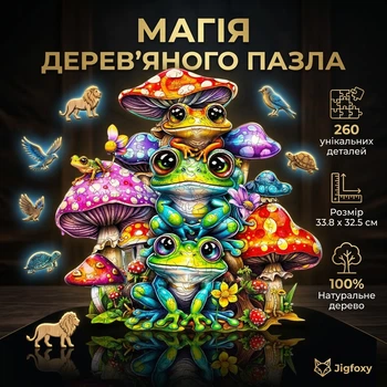 Дерев'яний фігурний пазл Jigfoxy Сім'я жаб на 260 елементів розмір L 33.8х32.5 см у подарунковій дерев'яній коробці екологічна головоломка для дорослих та підлітків