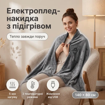Накидка с подогревом 2в1 работает от USB Powerbank греет от повербанка электрический плед на молнии для согревания в холодную погоду 140х80см