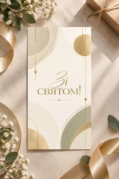 Открытка "С праздником. Бежевые тона" с ламинацией, евроформат, одинарная, 10х21 см.