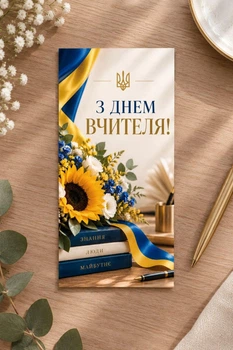 Открытка на день учителя "Букет цветов, книги" с ламинацией, евроформат, одинарная, 10х21 см.