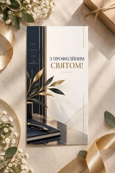 Открытка "С профессиональным праздником. Книга, ручка" с ламинацией, евроформат, одинарная, 10х21 см.