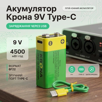 Аккумулятор крона 9V 4500mWh со встроенным зарядным устройством через USB кабель TYPE-C вход LI-ON 6F22
