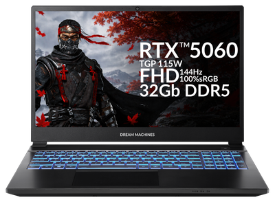 Ноутбук Dream Machines RT5060-15 (RT5060-15UA29) Black / 15.6" 144 Гц / AMD Ryzen 7 H 255 / RAM 32 ГБ / SSD 1 ТБ / RTX 5060, 8 ГБ (TDP 115 Вт) / LAN