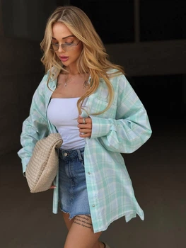 Сорочка з бавовни oversize з необробленими краями 42-48 мʼятний/блакитний
