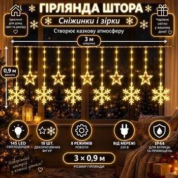 Гірлянда-штора Зірки та сніжинки 3×0,9 м 145 LED 10 фігур з 8 режимами IP44, Світлодіодна новорічна завіса від мережі 220 В для вікон, стін, каміна, фотозон та святкового декору, Жовтий