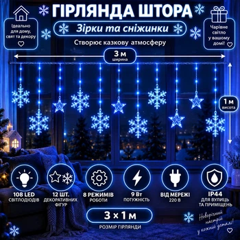 Гірлянда-штора Зірки та сніжинки 3×1 м 108 LED 12 фігур з 8 режимами IP44, Світлодіодна новорічна завіса від мережі 220 В для вікон, стін, каміна, фотозон та святкового декору, Синій