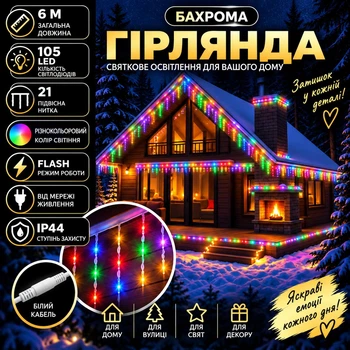 Гірлянда Бахрома вулична 6 м 105 LED IP44 з режимом Flash, Світлодіодна новорічна гірлянда з 21 підвісною ниткою на білому проводі від мережі для фасаду, балкона, вікон, альтанки та вітрин, Різнокольоровий