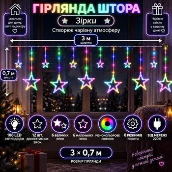 Гірлянда-штора Зірки 3×0,7 м 108 LED 12 фігур з 8 режимами, Світлодіодна новорічна завіса з великими та маленькими зірками від мережі 220 В для вікон, стін, арок, фотозон та святкового декору, Різнокольоровий