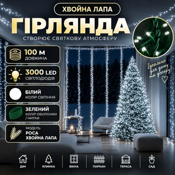 Новорічна гірлянда Роса Хвойна лапа 100 м 3000 LED, Світлодіодна гірлянда-нитка на мідному дроті в зеленій оболонці для ялинки, вікон, сходів і святкового декору дому, Білий