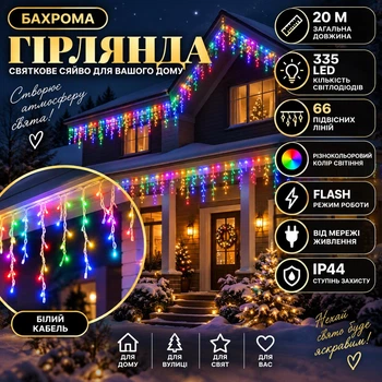 Гірлянда Бахрома вулична 20 м 335 LED IP44 з режимом Flash, Світлодіодна новорічна гірлянда з 66 підвісними нитками на білому проводі від мережі для фасаду, балкона, вікон, альтанки та вітрин, Різнокольоровий