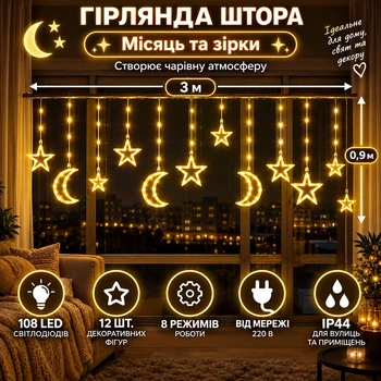 Гірлянда-штора Місяць та зірки 3×0,9 м 108 LED 12 фігур з 8 режимами IP44, Світлодіодна новорічна завіса від мережі 220 В для підсвічування вікон, стін, фотозон та святкового декору, Жовтий