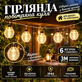 Гірлянда-штора Повітряна куля 3 м з 6 об’ємними ліхтариками IP44, Світлодіодна новорічна гірлянда з акриловими ребристими фігурами на прозорому проводі від мережі 220 В для вікон, фотозон та святкового декору, Теплий білий