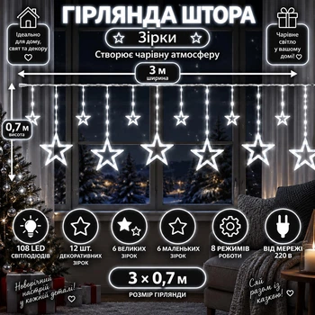 Гірлянда-штора Зірки 3×0,7 м 108 LED 12 фігур з 8 режимами, Світлодіодна новорічна завіса з великими та маленькими зірками від мережі 220 В для вікон, стін, арок, фотозон та святкового декору, Білий