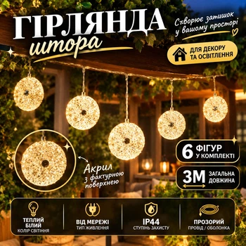 Гірлянда-штора Діамант 3 м з 6 об’ємними ретро-фігурами IP44, Світлодіодна новорічна гірлянда з акриловими підвісками під кришталь на прозорому проводі від мережі 220 В для вікон, фотозон та святкового декору, Теплий білий