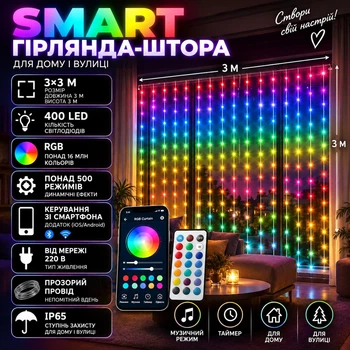 Гірлянда Smart Штора 3×3 м 400 LED з керуванням зі смартфона та пультом, Розумна світлодіодна новорічна завіса із синхронізацією з музикою та 500+ режимами для вікон, стін, фотозон і кімнати, Різнокольоровий