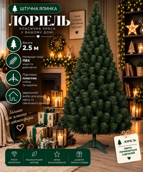 Штучна ялинка Лоріель висотою 2.5 м з ПВХ розкішна пишна новорічна ялинка, різдвяна довговічна ялинка з густими гілками та складною пластиковою підставкою для дому Зелений