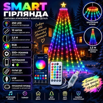Гірлянда Smart для ялинки 250 LED з 10 нитками по 2,5 м та кільцем, Розумна світлодіодна RGB гірлянда з керуванням зі смартфона і пультом, синхронізацією з музикою та 500+ режимами, Різнокольоровий