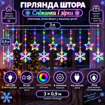 Гірлянда-штора Зірки та сніжинки 3×0,9 м 145 LED 10 фігур з 8 режимами IP44, Світлодіодна новорічна завіса від мережі 220 В для вікон, стін, каміна, фотозон та святкового декору, Різнокольоровий