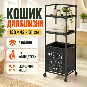 Корзина для белья в ванну с 2 полками 130х42х31 см черная
