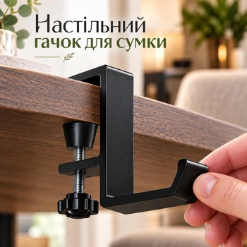 Настільний тримач-гачок для сумок, навушників з регульованим затискачем (чорний)