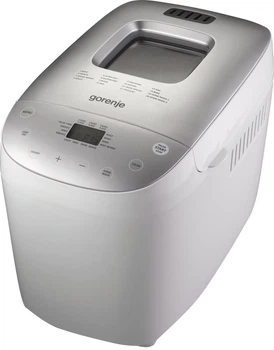 Хлебопечка Gorenje мощностью 850 Вт, с одной программой, максимальным весом 16 кг, прямоугольной формы, изготовлена из пластика, серого цвета