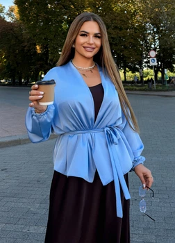 Блуза жіноча шовкова на запах з поясом (04426102) Блакитний 60-62
