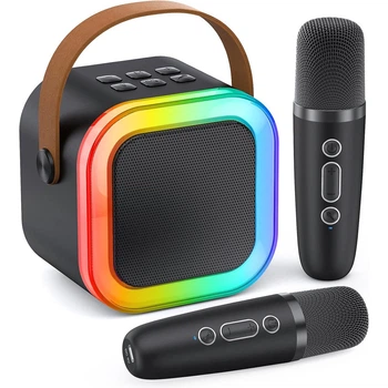 Портативная караоке-система K12 с двумя микрофонами и Bluetooth 5.1 мощностью 10 Вт для вокала и вечеринок с RGB-подсветкой Черная