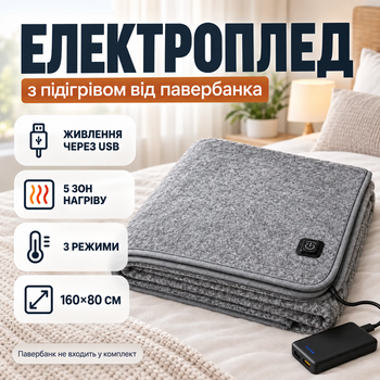 Электропростынь с подогревом от USB 160×80 см, электрический плед от повербанка с 5 зонами нагрева, 3 режимами температуры и автоотключением