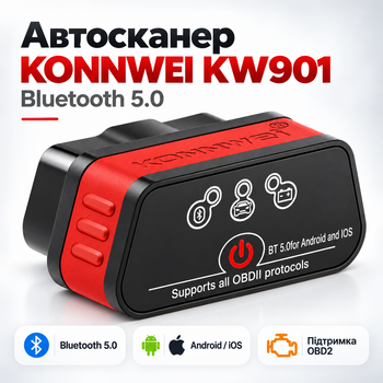 Автосканер для диагностики автомобиля KONNWEI KW901 - OBD2-адаптер Bluetooth 5.0 для Android и iOS с чипом PIC18F25K80, черно-красный