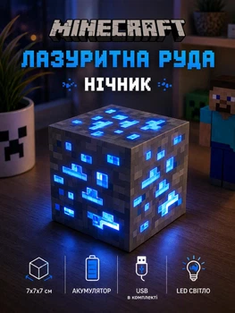 Ночник майнкрафт лазуритная руда светильник лампа куб LED детский на аккумуляторе USB настольный декор Minecraft синий