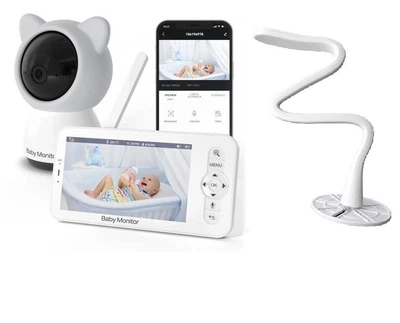 Відеоняня Baby Monitor 5T+ тримач камери, цифрова WiFi з 5-дюймовим HD екраном, камера 1080Р, 4-кратний зум, з датчиком звуку, руху, нічне бачення,термометр