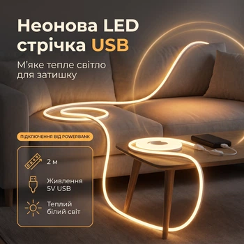 LED світлодіодна силіконова стрічка USB 5V живлення висока яскравість суцільне м'яке світло підсвітка від павербанка у разі вимкнень блекаутах тепле біле світло Neon 2 м