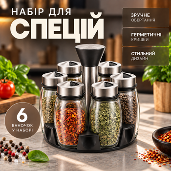 Набір для спецій обертовий органайзер ємностей для солі та перцю кухонний набір для спецій з кришками посуд для приправ 6 баночок Kayfovo OR-6