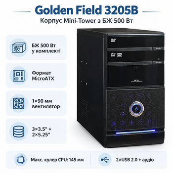 Корпус для ПК Golden Field 3205B Mini-Tower 500 Вт Micro-ATX Black