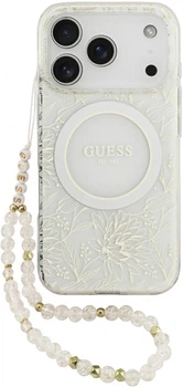 Etui na smartfon Guess IML Flowers Allover Electroplated with Pearl Strap MagSafe do Apple iPhone 18 Pro / Apple iPhone 17 Pro White (3666339673451)