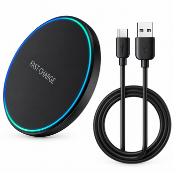 Беспроводное зарядное устройство Fast Charger 15W GaN, RGB подсветка, совместимость с iPhone/Android, 75mm, BLACK + Кабель USB-A/Type-C (6A)