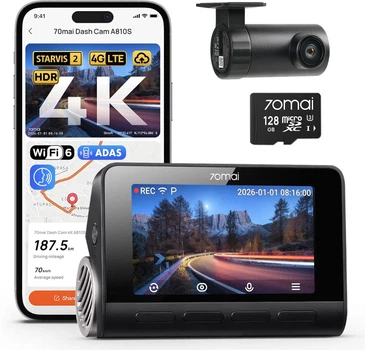 Автомобільний відеореєстратор 70mai Dash Cam 4K A810S-2 Set (Відеореєстратор + задня камера + флешкарта на 128гб)