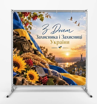 Баннер. День защитника Украины "Металлический жетон. Трезубец" размер 2х2м. С люверсами.