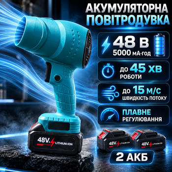 Аккумуляторная воздуходувка 48 В 5000 мА·ч ветродуйка для листьев снега пыли 15 м с портативный воздуходув с плавной регулировкой скорости 2 АКБ для дома сада техники