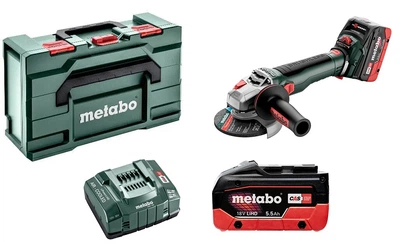Акумуляторна кутова шліфмашина Metabo WVB 18 LT BL 11-125 Q, 2xLiHD 5.5 Ah, з/п ASC 145, в MetaBox 165 L