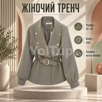 Женский тренч-плащ хаки 42–44 верхняя одежда из коттон мемори на подкладке
