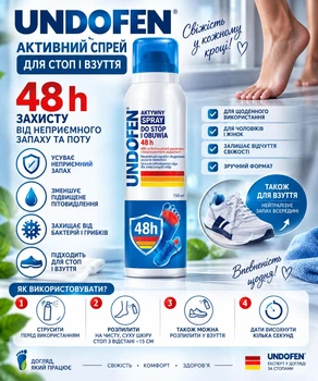 Perrigo Undofen Active, спрей для ніг і взуття, 48 год захисту від грибка та запаху
