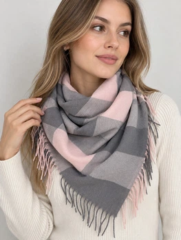 Платок женский теплый в клетку серо-розовый Cashmere