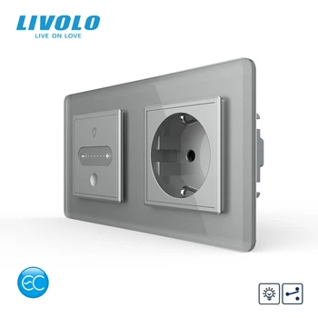 Умный сенсорный проходной диммер с розеткой LIVOLO 16А 230В с заземлением, шторки, серый 2.5D, стекло