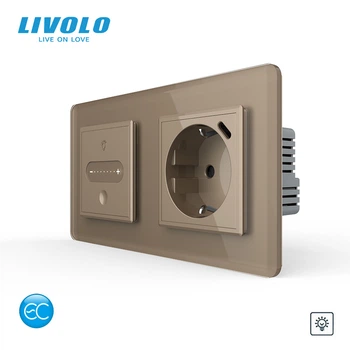 Умный сенсорный диммер с розеткой USB Type-C 18Вт LIVOLO 16А 230В, с заземлением, шторки, золотой 2.5D, стекло