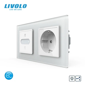 Умный сенсорный проходной диммер с розеткой LIVOLO 16А 230В с заземлением, шторки, белый матовий, стекло