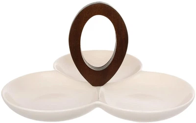 Менажница фарфоровая 3 секции Natural Serving Cream 24x23 см с деревянной ручкой