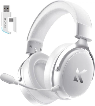 Навушники MCHOSE V9 PRO White silver Бездротова Ігрова Гарнітура, Радіоканал/Bluetooth/3.5мм. Знімний Мікрофон, RGB Підсвічування, Об'ємний звук 7.1, Автономна робота 250 Годин