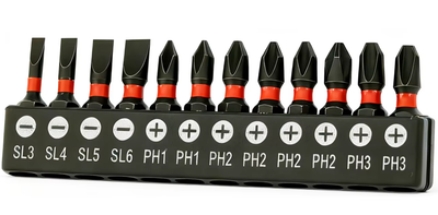 Набір ударних біт 1/4" Hex (12 шт.) SL3-SL6, PH1-PH3 з тримачем